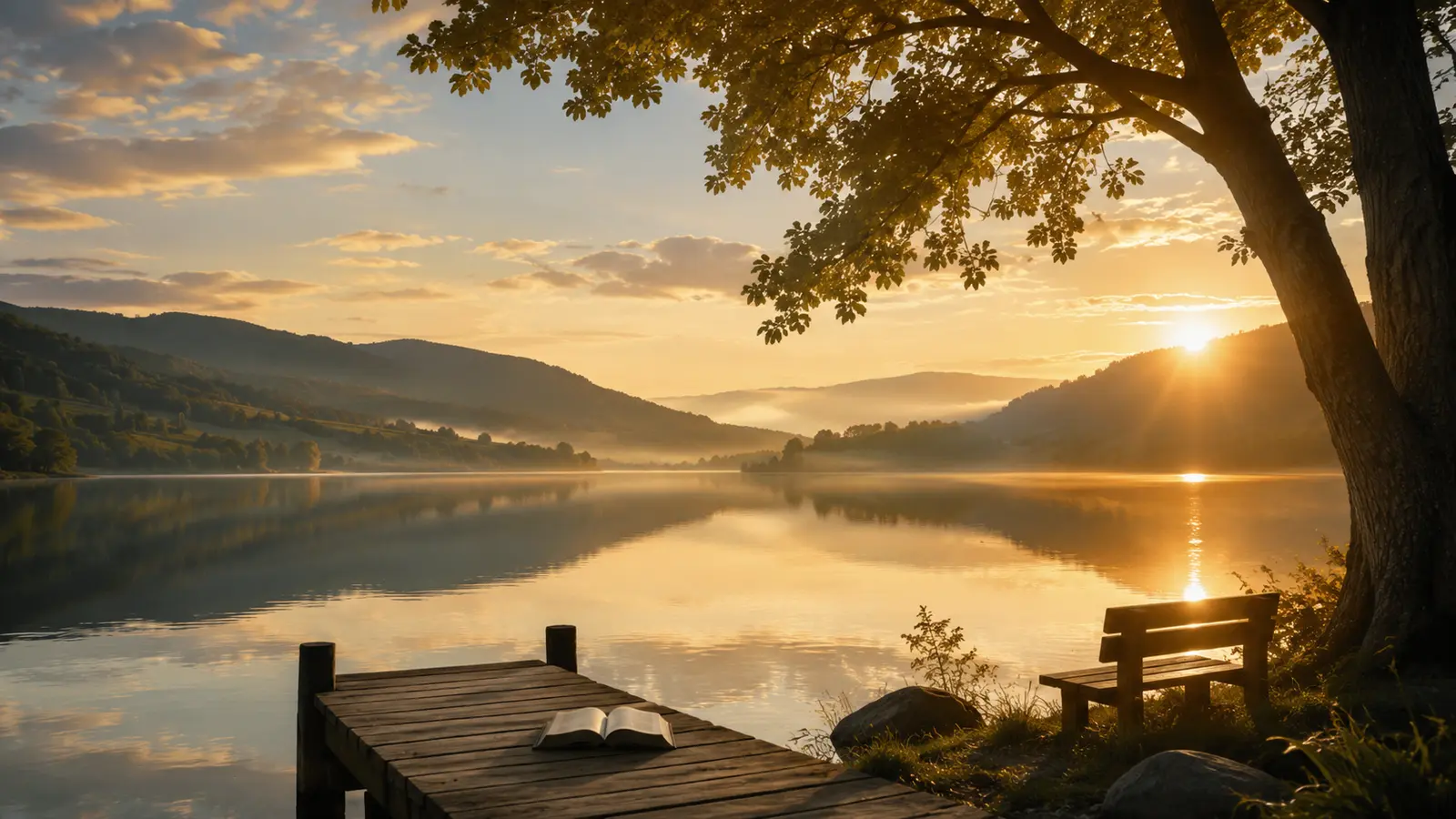 Lago tranquilo ao amanhecer com banco e Bíblia aberta