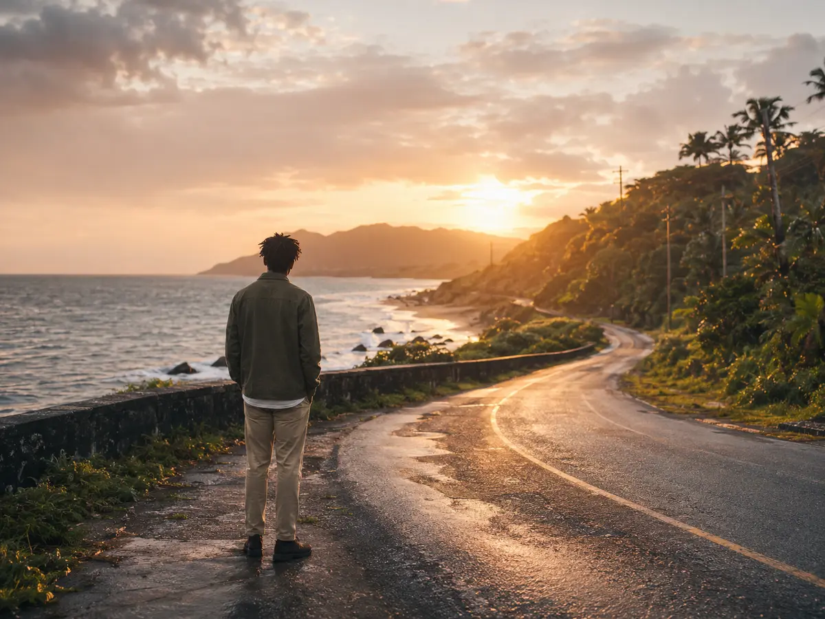 Pessoa diante de uma estrada costeira iluminada pelo amanhecer