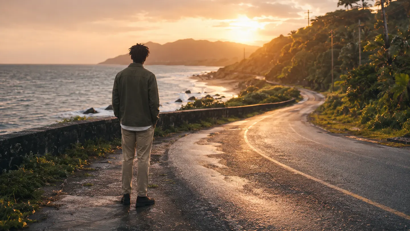 Pessoa diante de uma estrada costeira iluminada pelo amanhecer